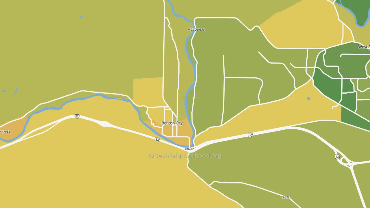 Map of the best neighborhoods in the 99320 area, with better matches in green and worse matches in red