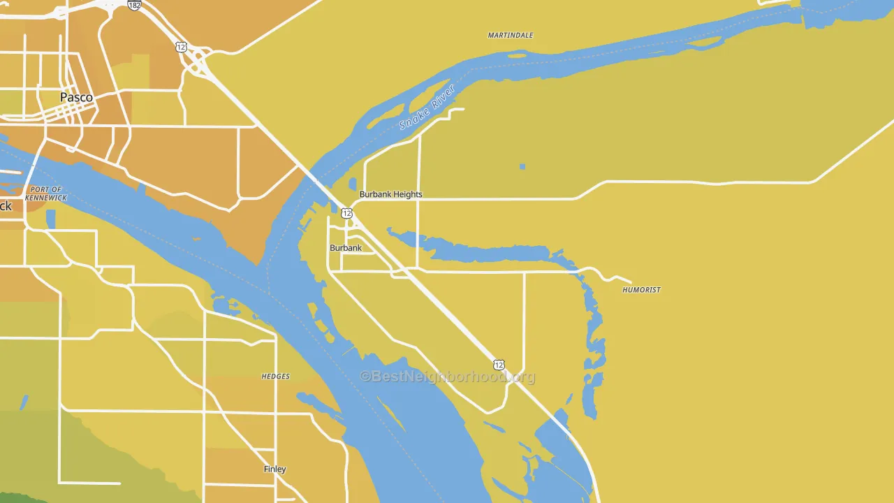 Map of the best neighborhoods in the 99323 area, with better matches in green and worse matches in red