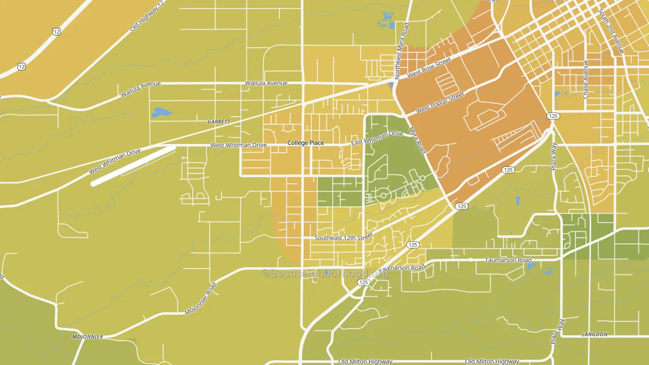 Map of the best neighborhoods in the 99324 area, with better matches in green and worse matches in red
