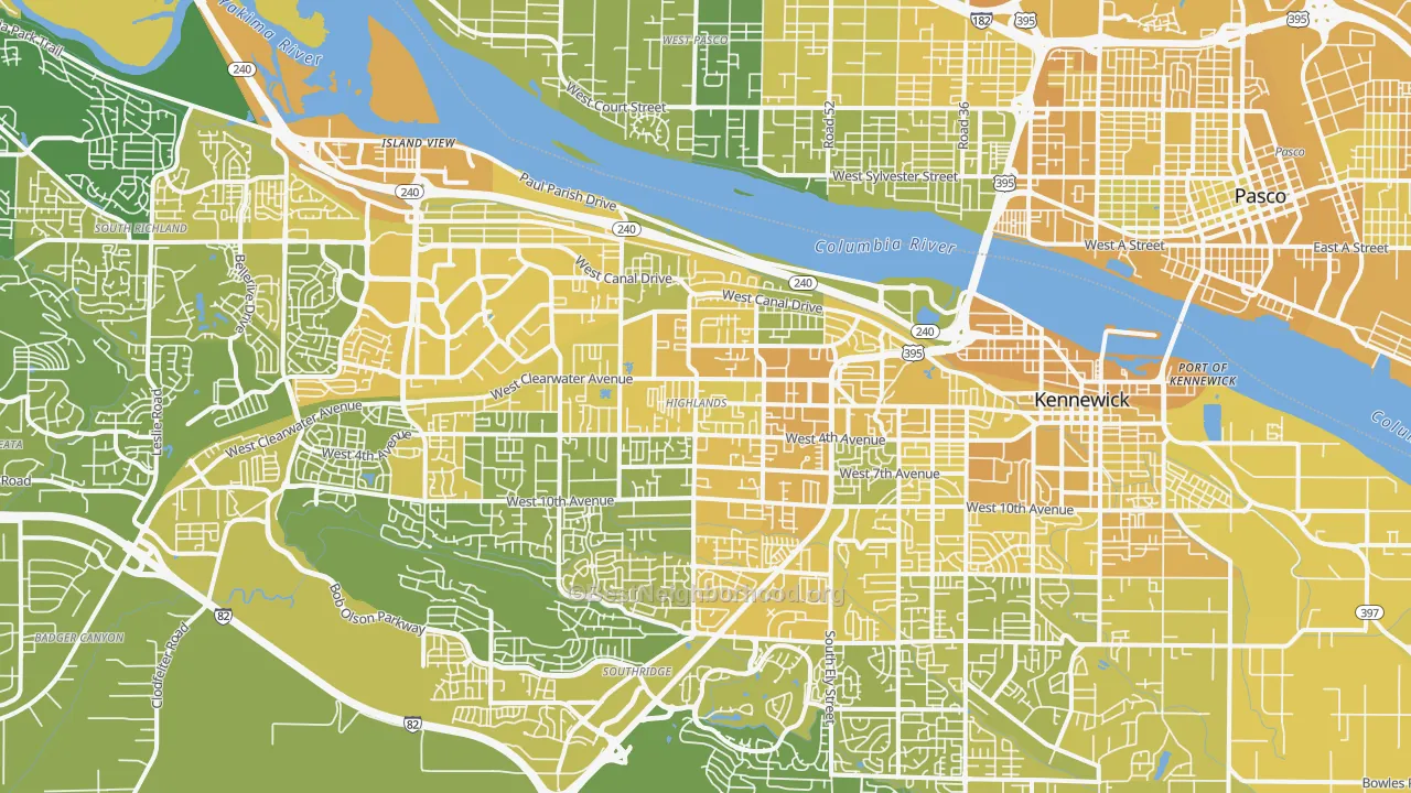 Map of the best neighborhoods in the 99336 area, with better matches in green and worse matches in red
