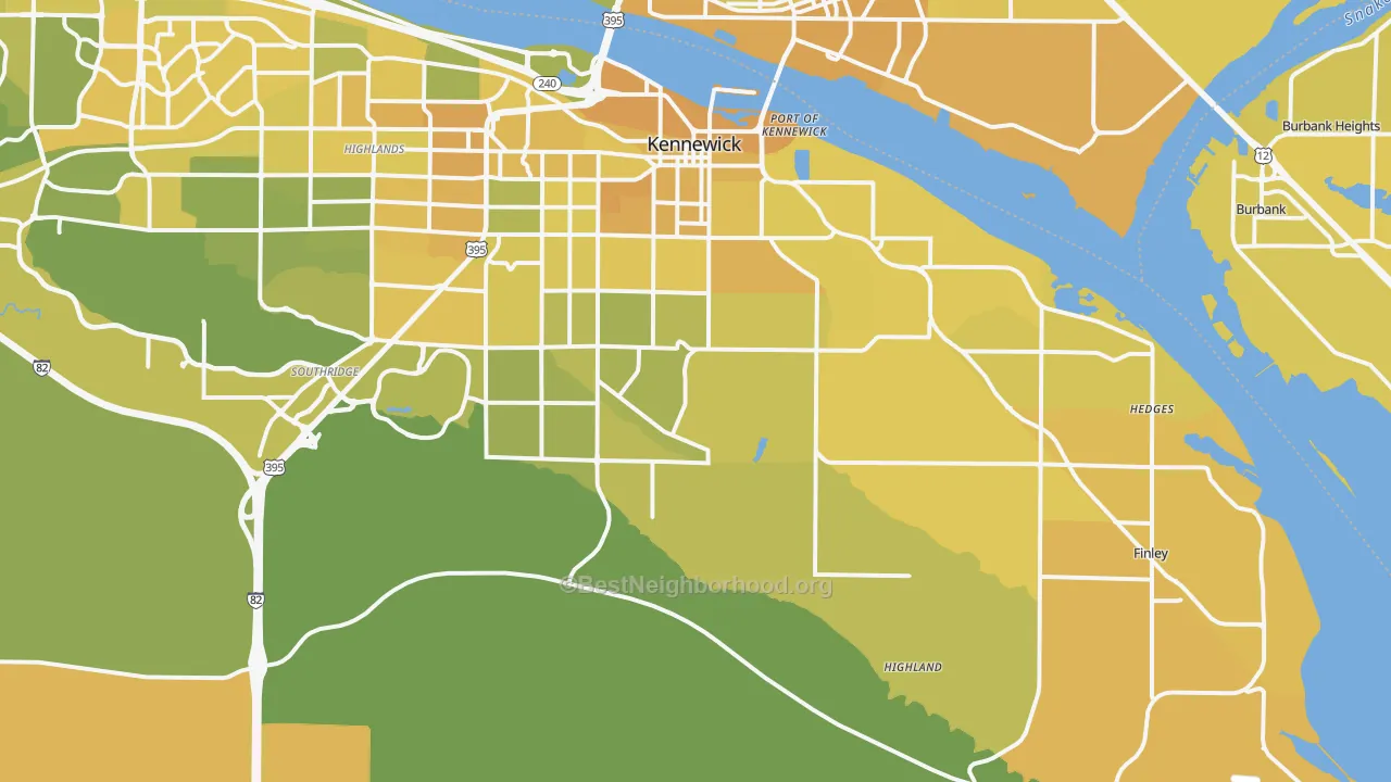 Map of the best neighborhoods in the 99337 area, with better matches in green and worse matches in red