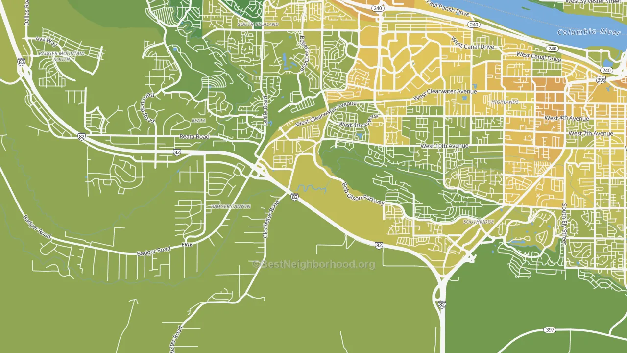 Map of the best neighborhoods in the 99338 area, with better matches in green and worse matches in red