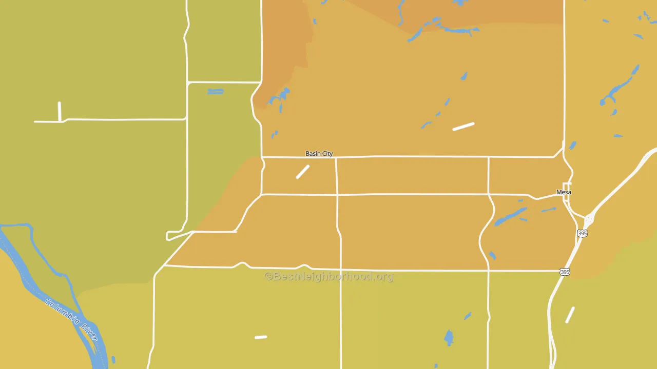 Map of the best neighborhoods in the 99343 area, with better matches in green and worse matches in red