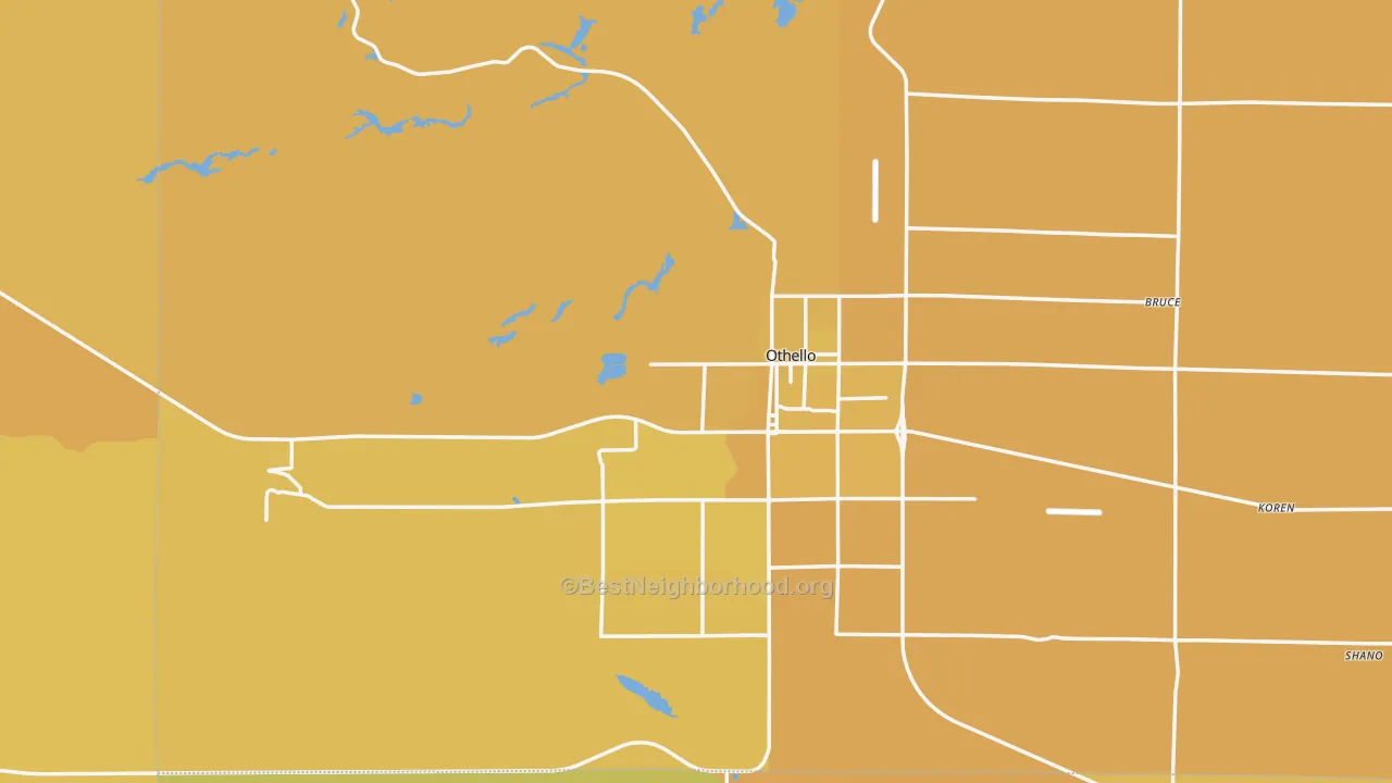 Map of the best neighborhoods in the 99344 area, with better matches in green and worse matches in red