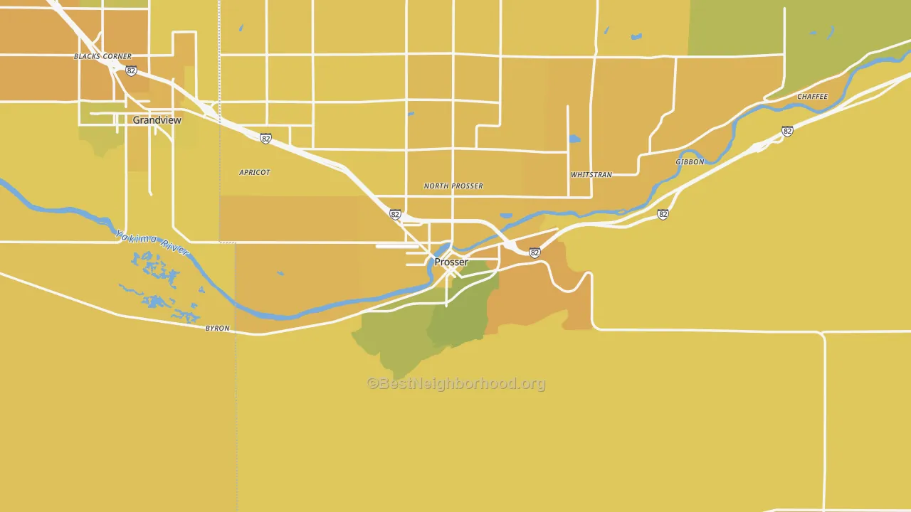 Map of the best neighborhoods in the 99350 area, with better matches in green and worse matches in red