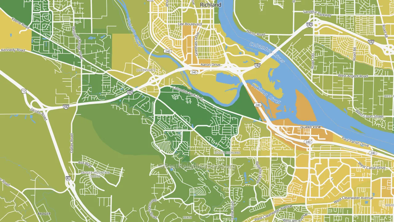 Map of the best neighborhoods in the 99352 area, with better matches in green and worse matches in red