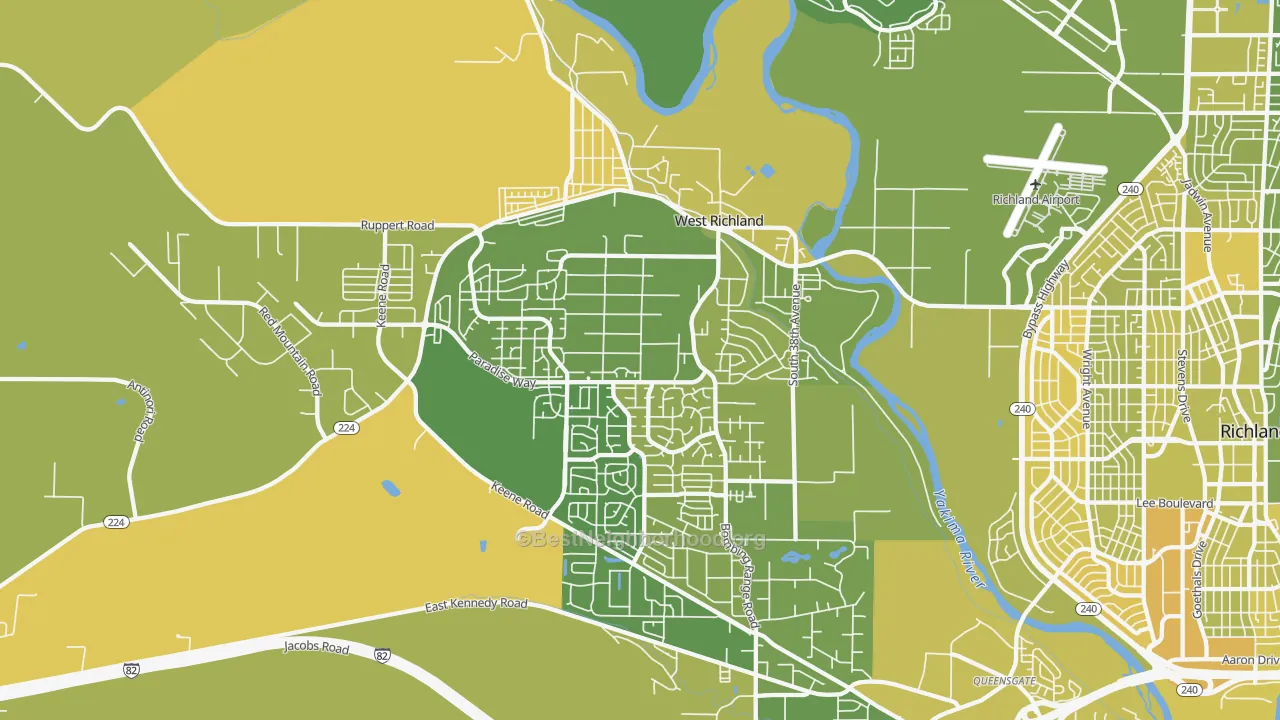Map of the best neighborhoods in the 99353 area, with better matches in green and worse matches in red