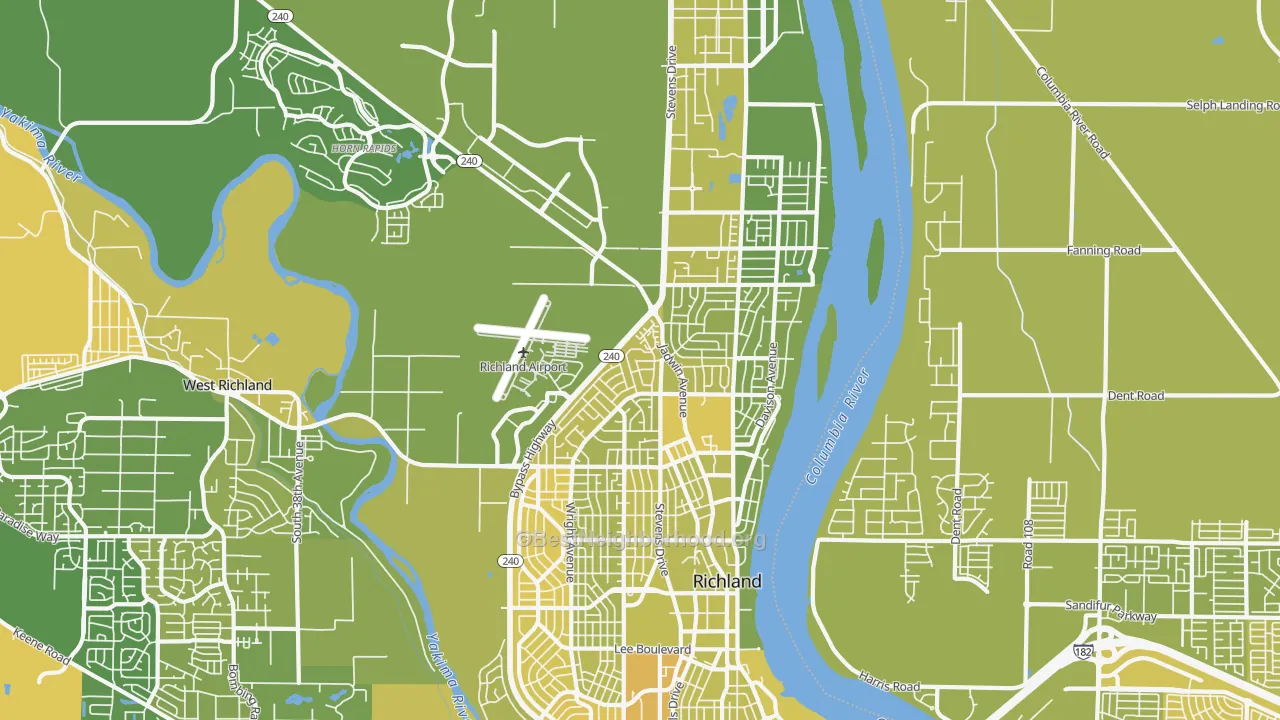 Map of the best neighborhoods in the 99354 area, with better matches in green and worse matches in red