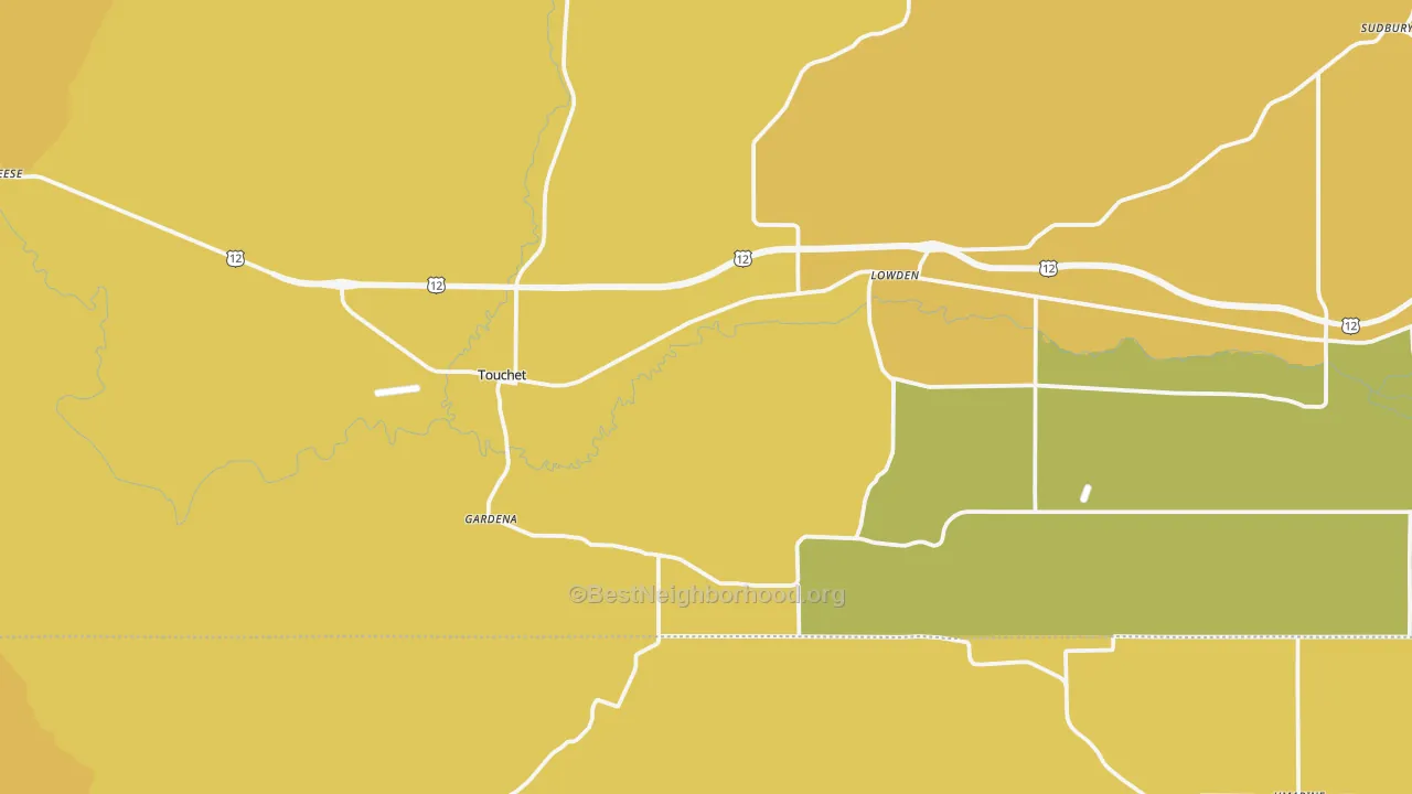 Map of the best neighborhoods in the 99360 area, with better matches in green and worse matches in red
