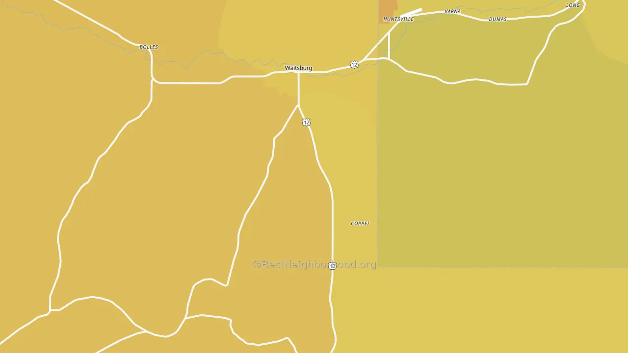 Map of the best neighborhoods in the 99361 area, with better matches in green and worse matches in red