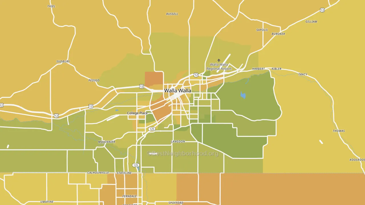 Map of the best neighborhoods in the 99362 area, with better matches in green and worse matches in red