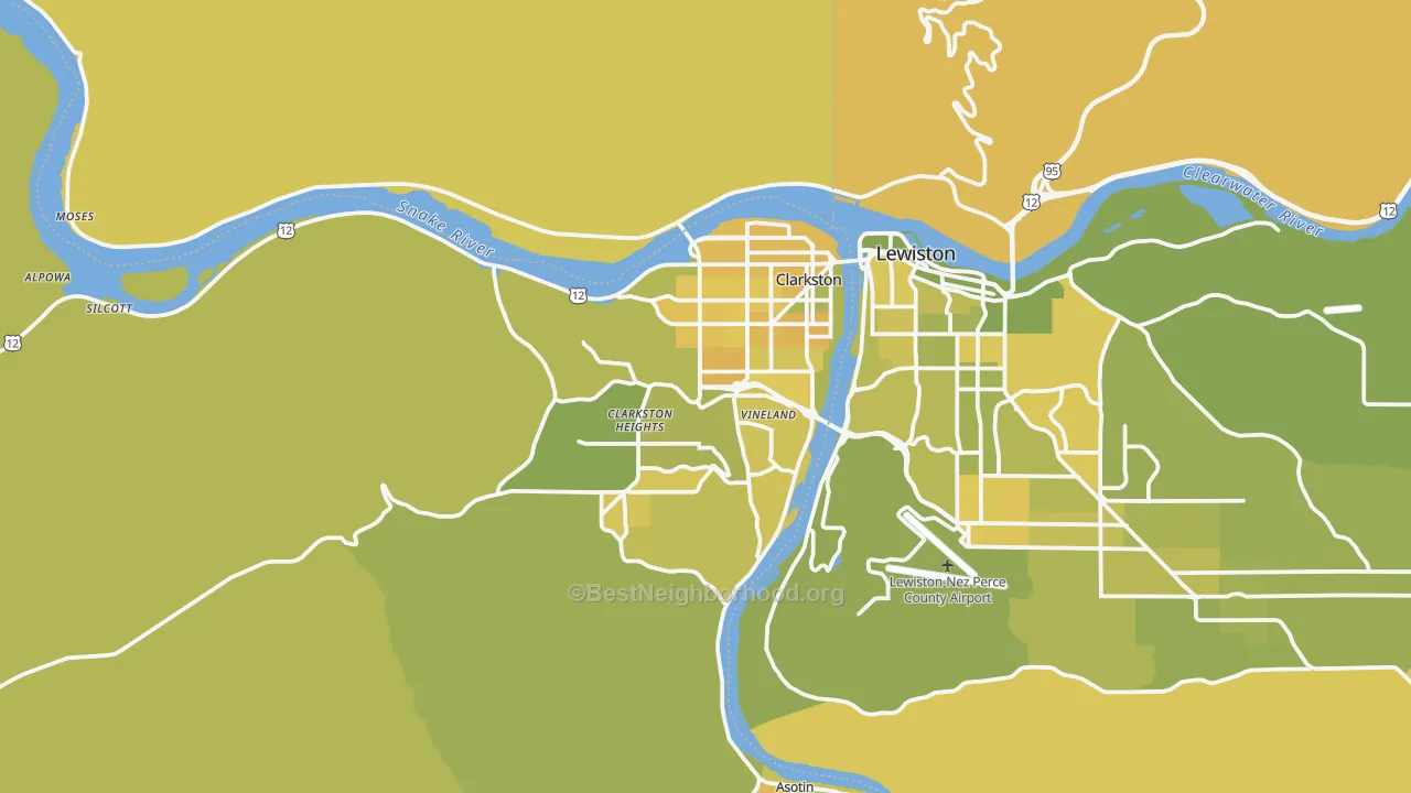 Map of the best neighborhoods in the 99403 area, with better matches in green and worse matches in red