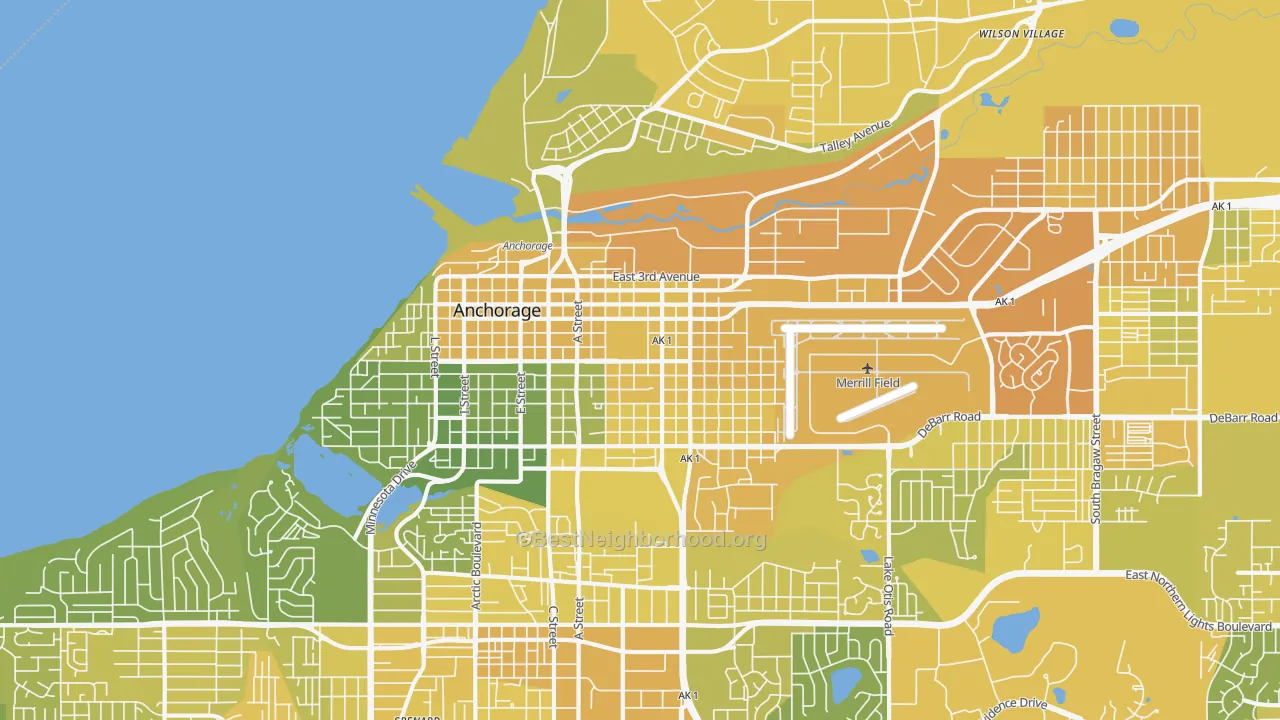 Map of the best neighborhoods in the 99501 area, with better matches in green and worse matches in red