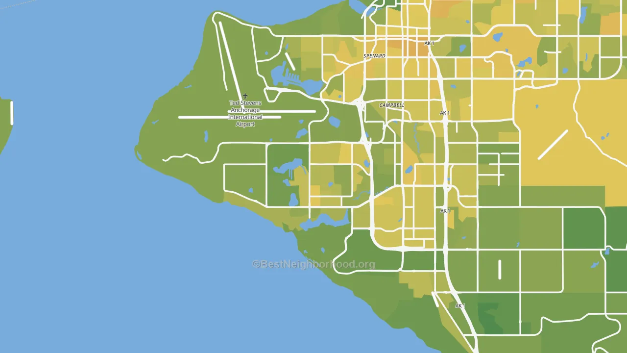 Map of the best neighborhoods in the 99502 area, with better matches in green and worse matches in red