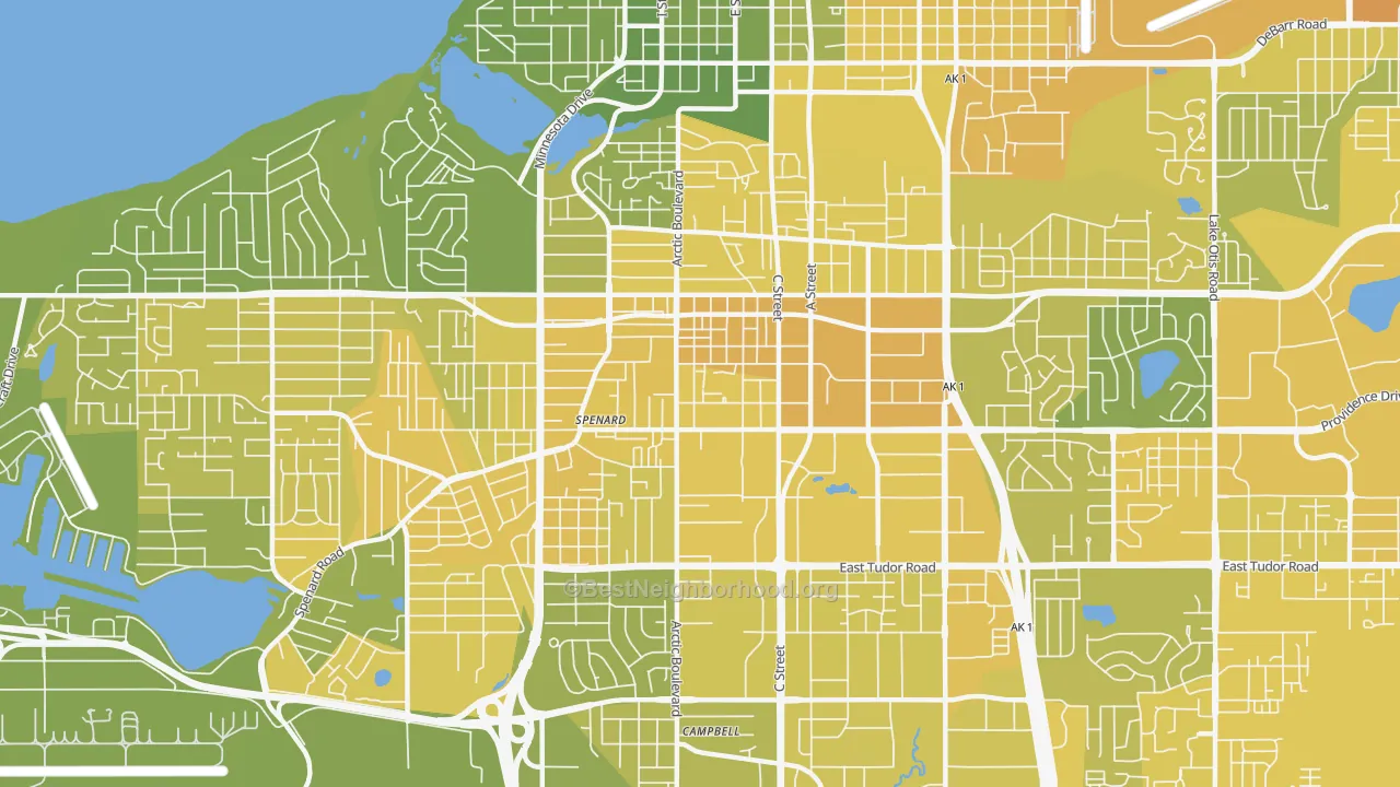 Map of the best neighborhoods in the 99503 area, with better matches in green and worse matches in red