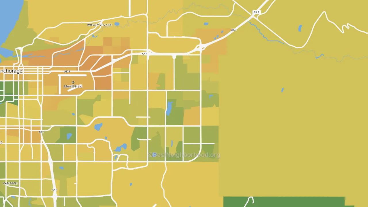 Map of the best neighborhoods in the 99504 area, with better matches in green and worse matches in red