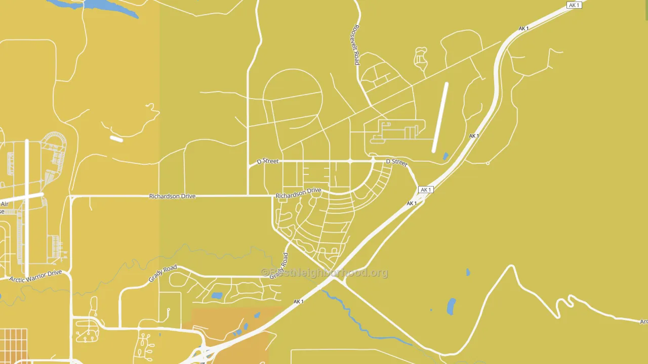 Map of the best neighborhoods in the 99505 area, with better matches in green and worse matches in red