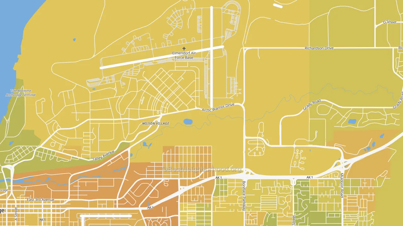 Map of the best neighborhoods in the 99506 area, with better matches in green and worse matches in red