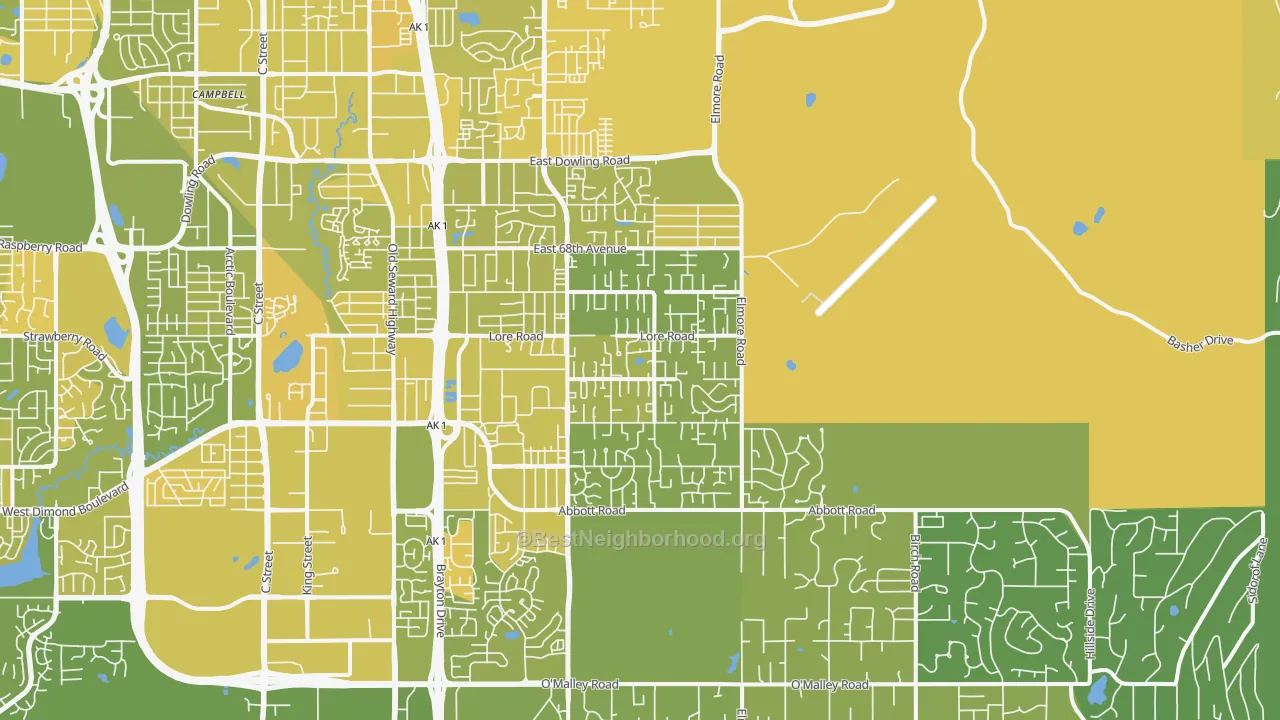Map of the best neighborhoods in the 99507 area, with better matches in green and worse matches in red