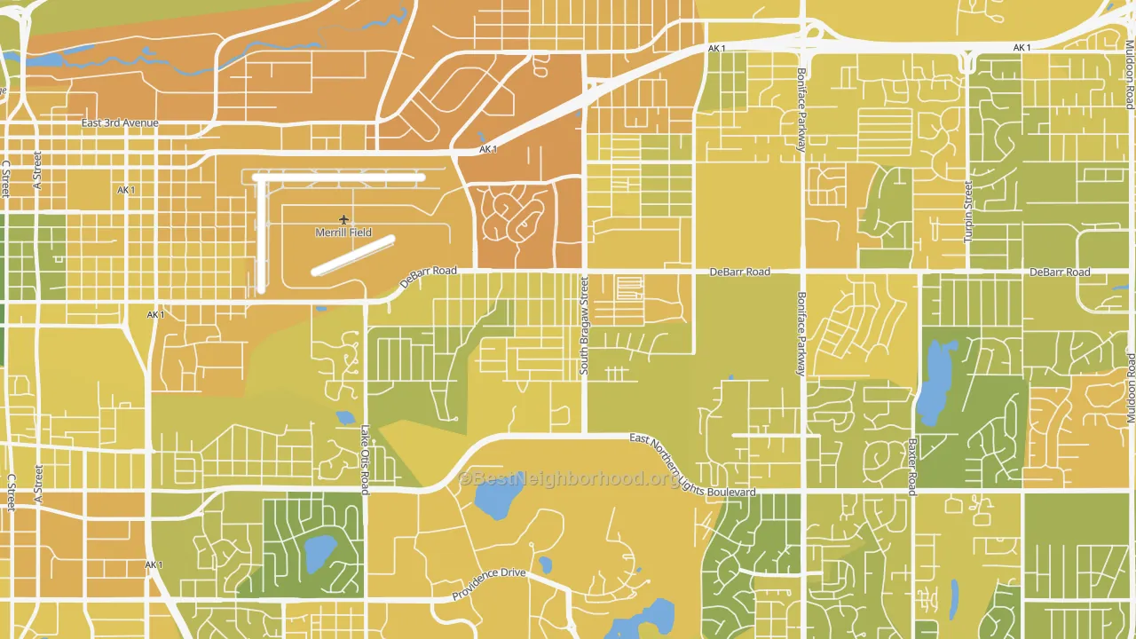Map of the best neighborhoods in the 99508 area, with better matches in green and worse matches in red