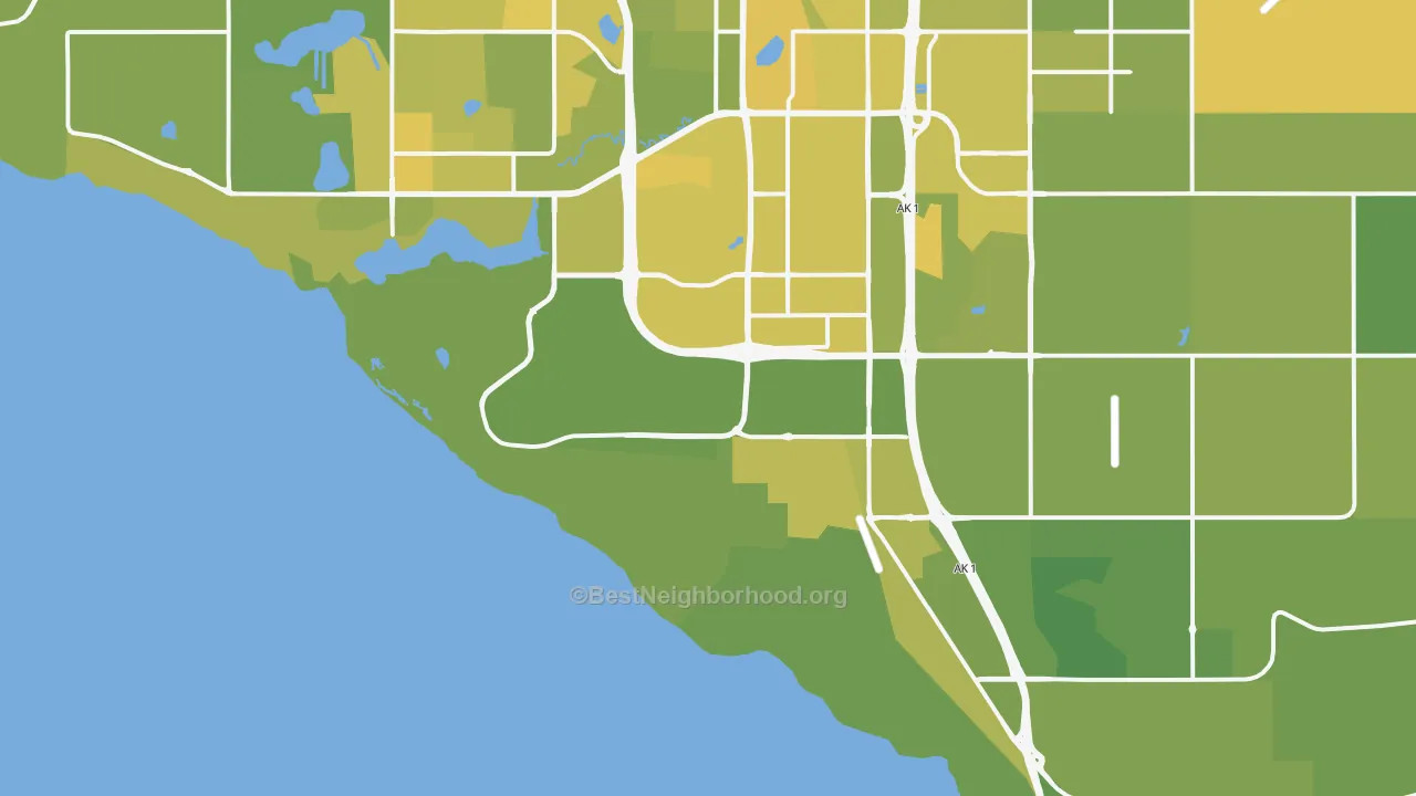 Map of the best neighborhoods in the 99515 area, with better matches in green and worse matches in red