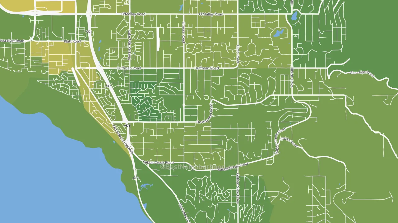 Map of the best neighborhoods in the 99516 area, with better matches in green and worse matches in red