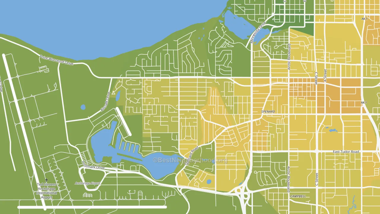 Map of the best neighborhoods in the 99517 area, with better matches in green and worse matches in red