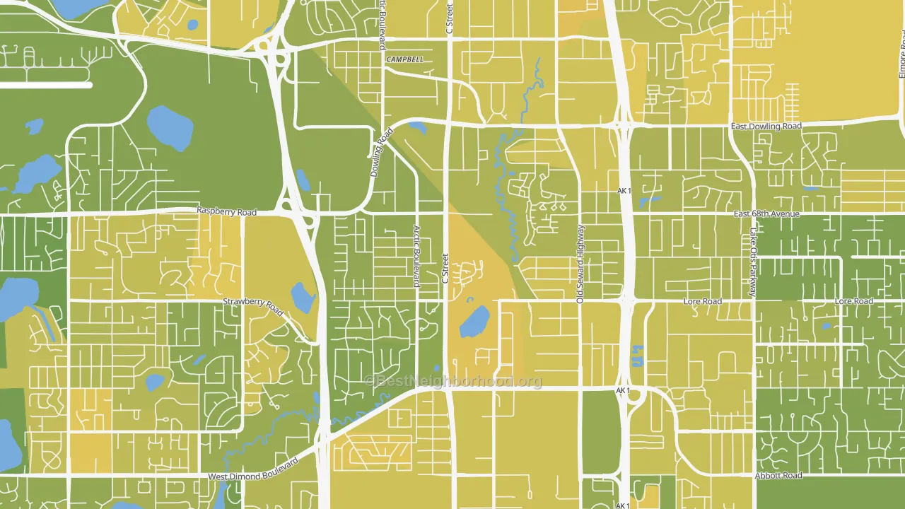 Map of the best neighborhoods in the 99518 area, with better matches in green and worse matches in red