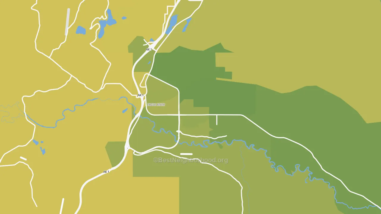 Map of the best neighborhoods in the 99577 area, with better matches in green and worse matches in red