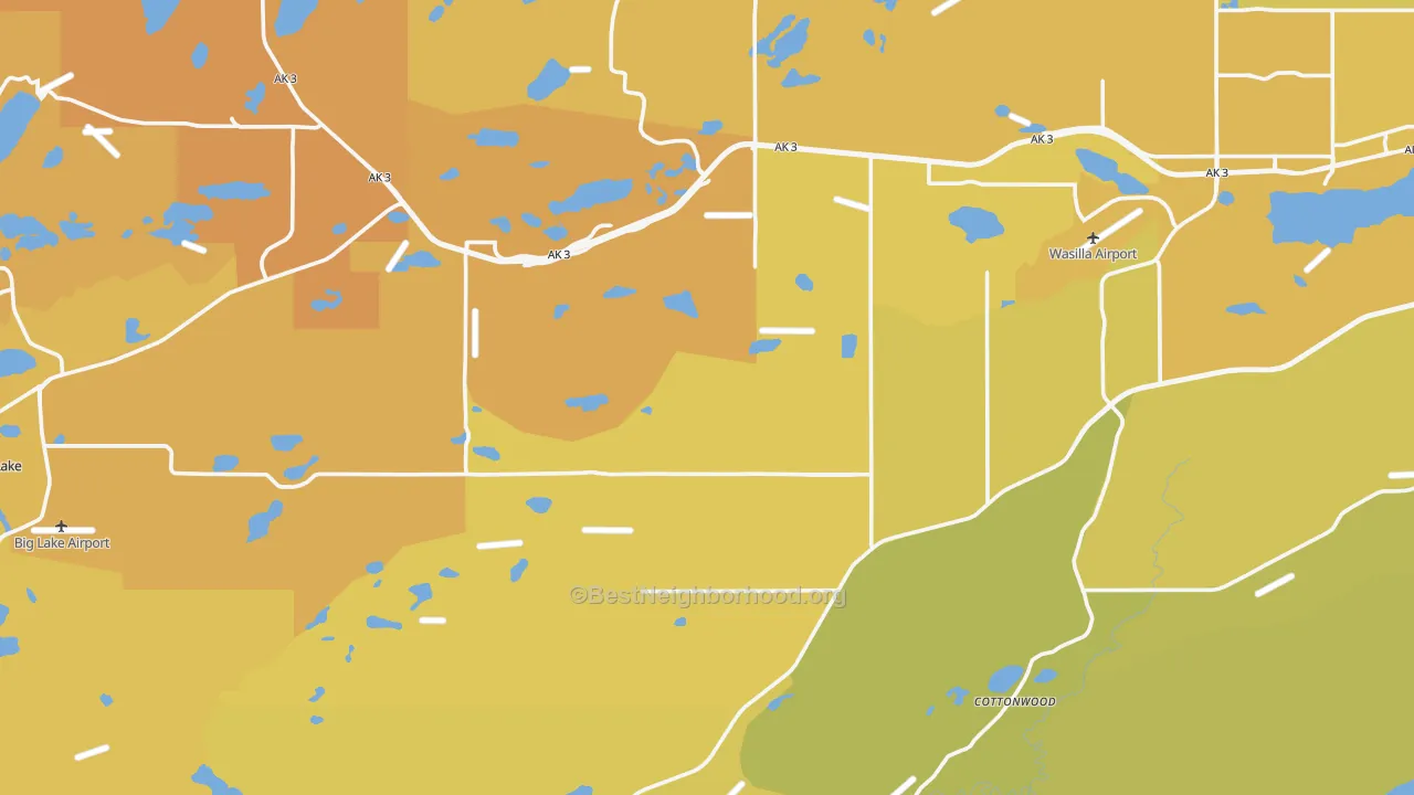 Map of the best neighborhoods in the 99623 area, with better matches in green and worse matches in red
