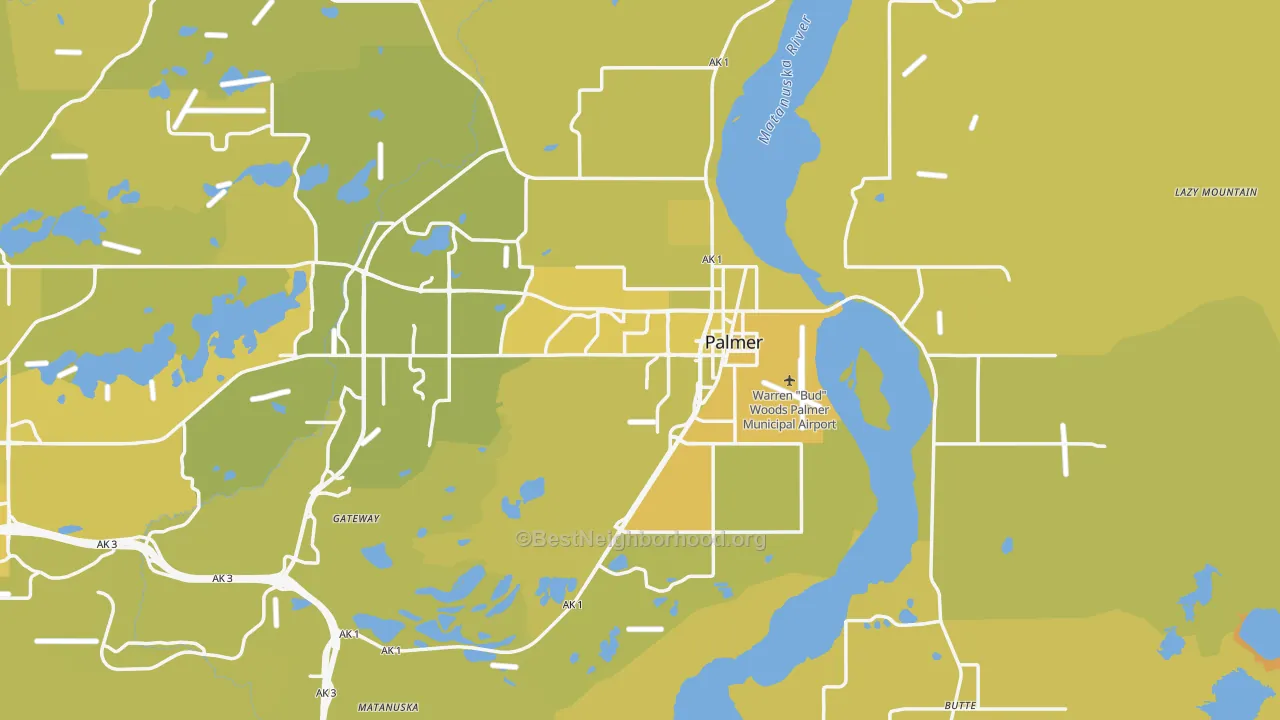 Map of the best neighborhoods in the 99645 area, with better matches in green and worse matches in red