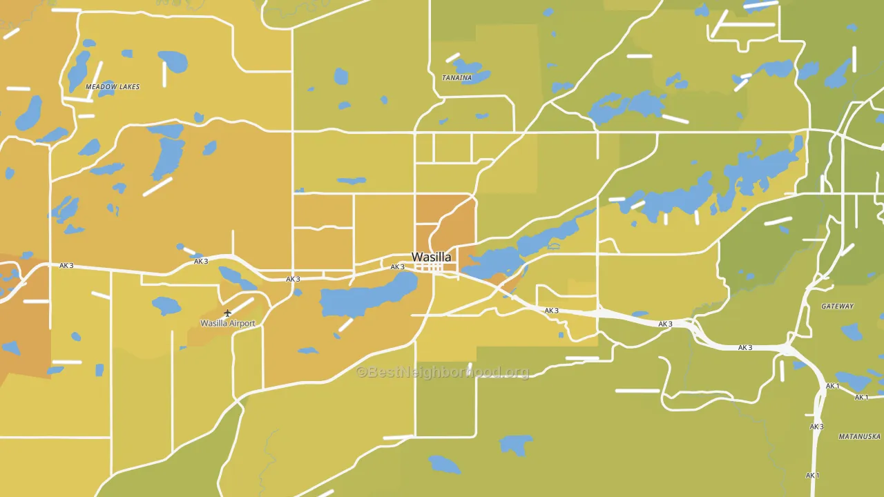 Map of the best neighborhoods in the 99654 area, with better matches in green and worse matches in red