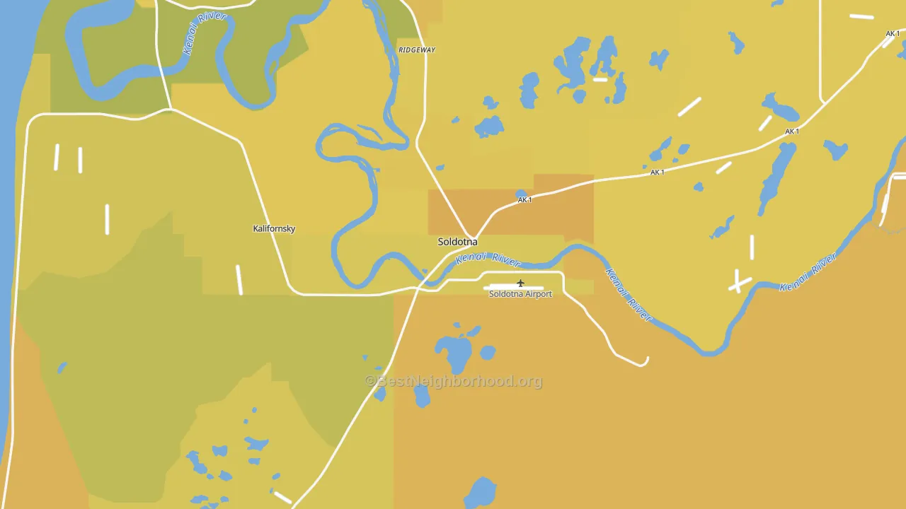 Map of the best neighborhoods in the 99669 area, with better matches in green and worse matches in red