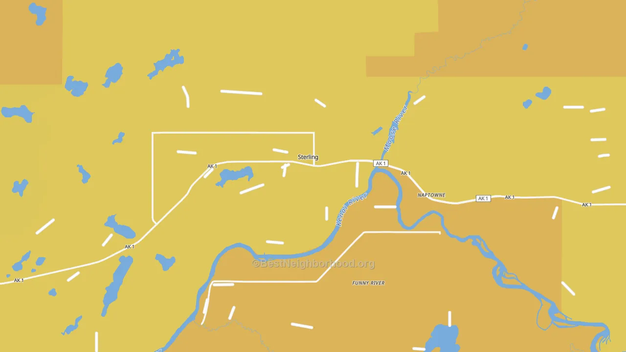 Map of the best neighborhoods in the 99672 area, with better matches in green and worse matches in red