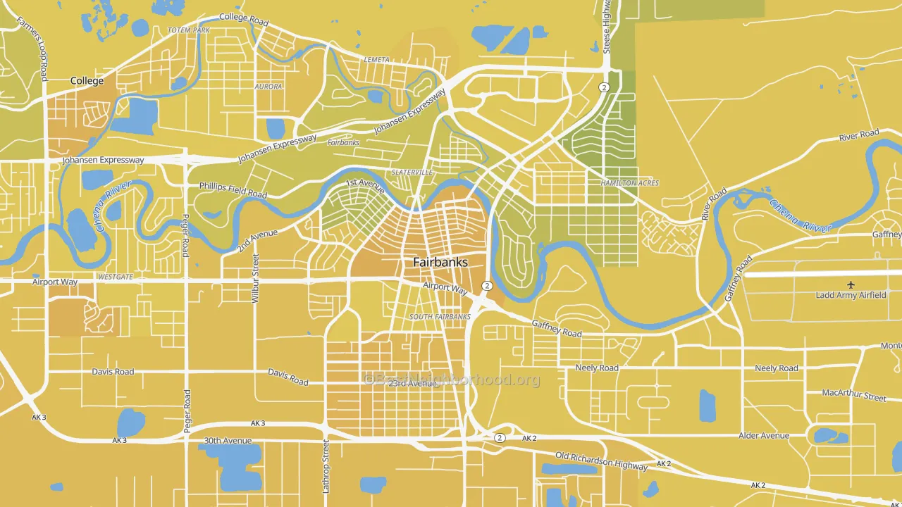 Map of the best neighborhoods in the 99701 area, with better matches in green and worse matches in red