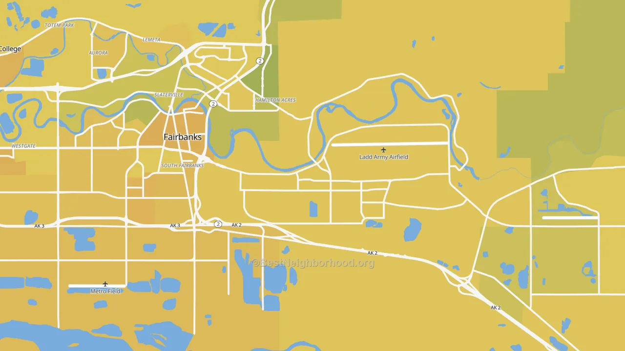 Map of the best neighborhoods in the 99703 area, with better matches in green and worse matches in red