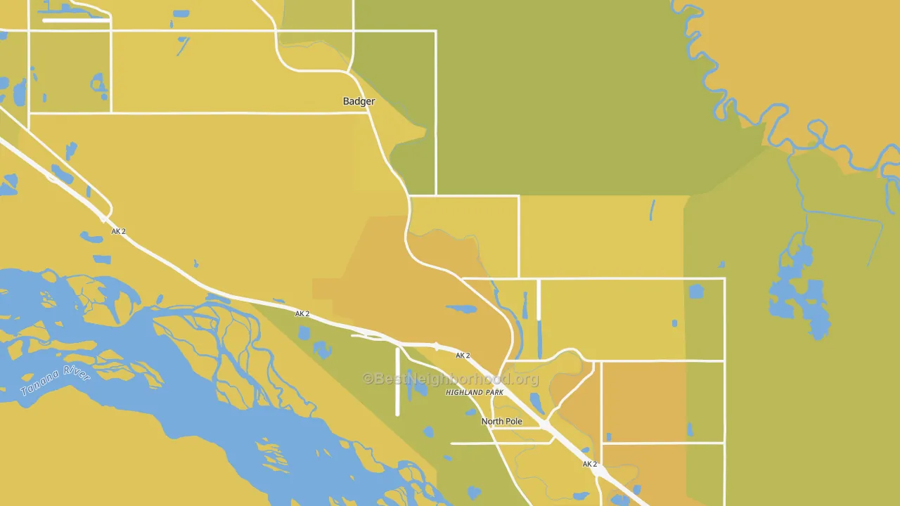 Map of the best neighborhoods in the 99705 area, with better matches in green and worse matches in red