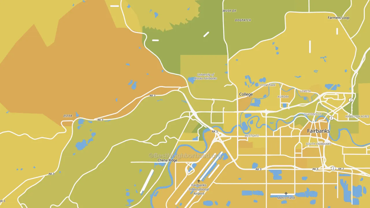 Map of the best neighborhoods in the 99709 area, with better matches in green and worse matches in red