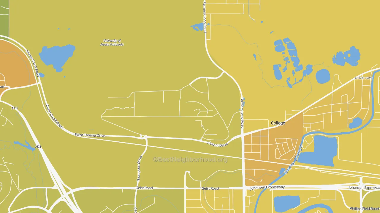 Map of the best neighborhoods in the 99775 area, with better matches in green and worse matches in red