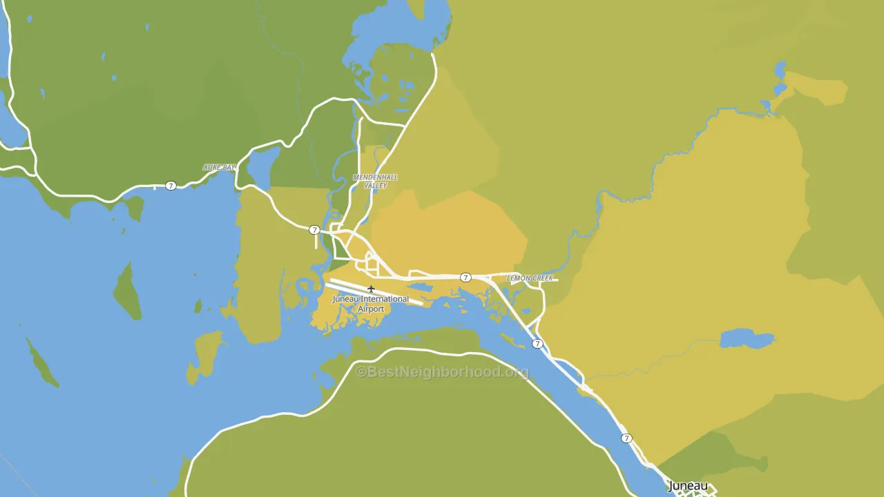 Map of the best neighborhoods in the 99801 area, with better matches in green and worse matches in red