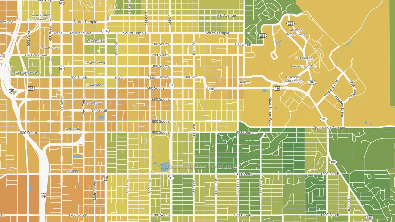 Map of the best neighborhoods in the 9th and 9th, Salt Lake City area, with better matches in green and worse matches in red