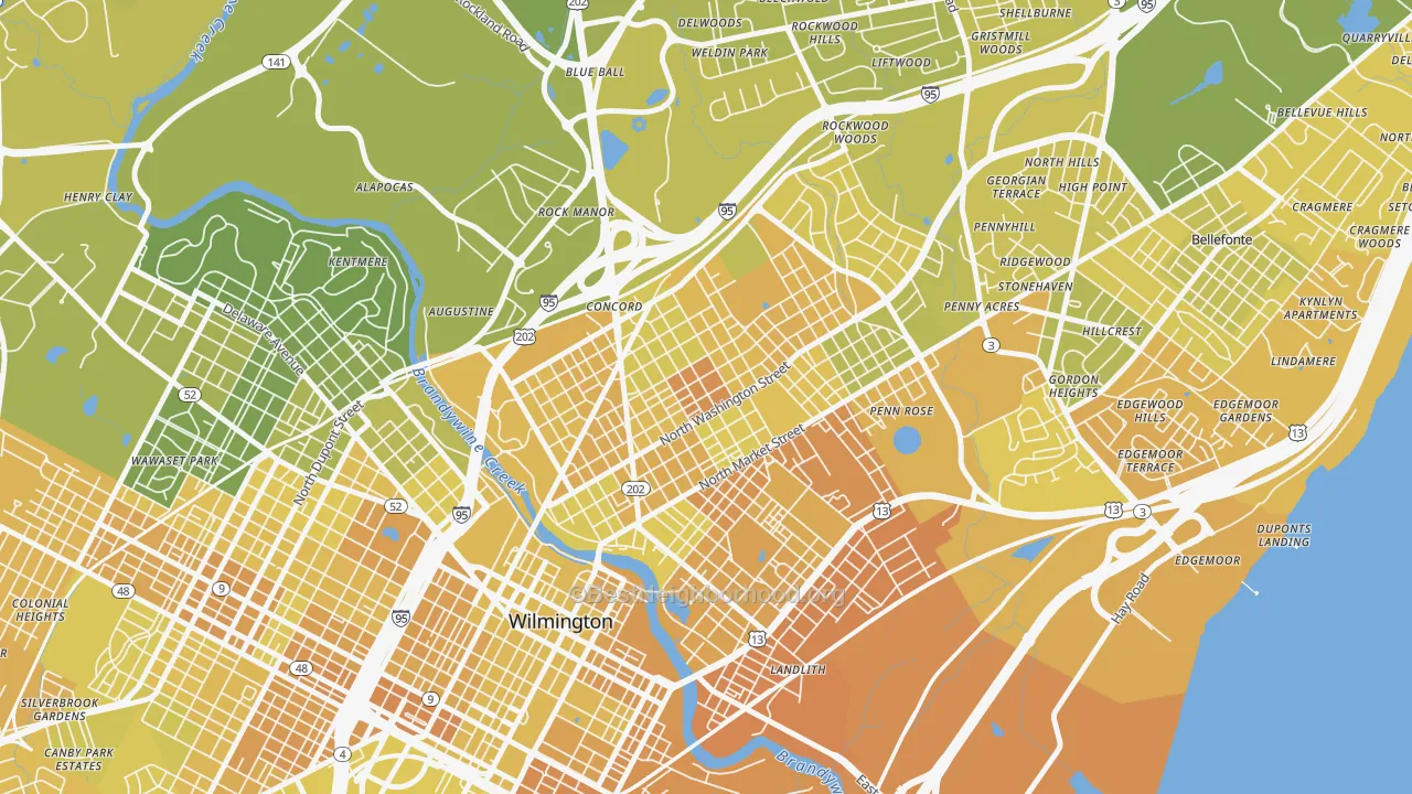 Map of the best neighborhoods in the 9th Ward, Wilmington area, with better matches in green and worse matches in red