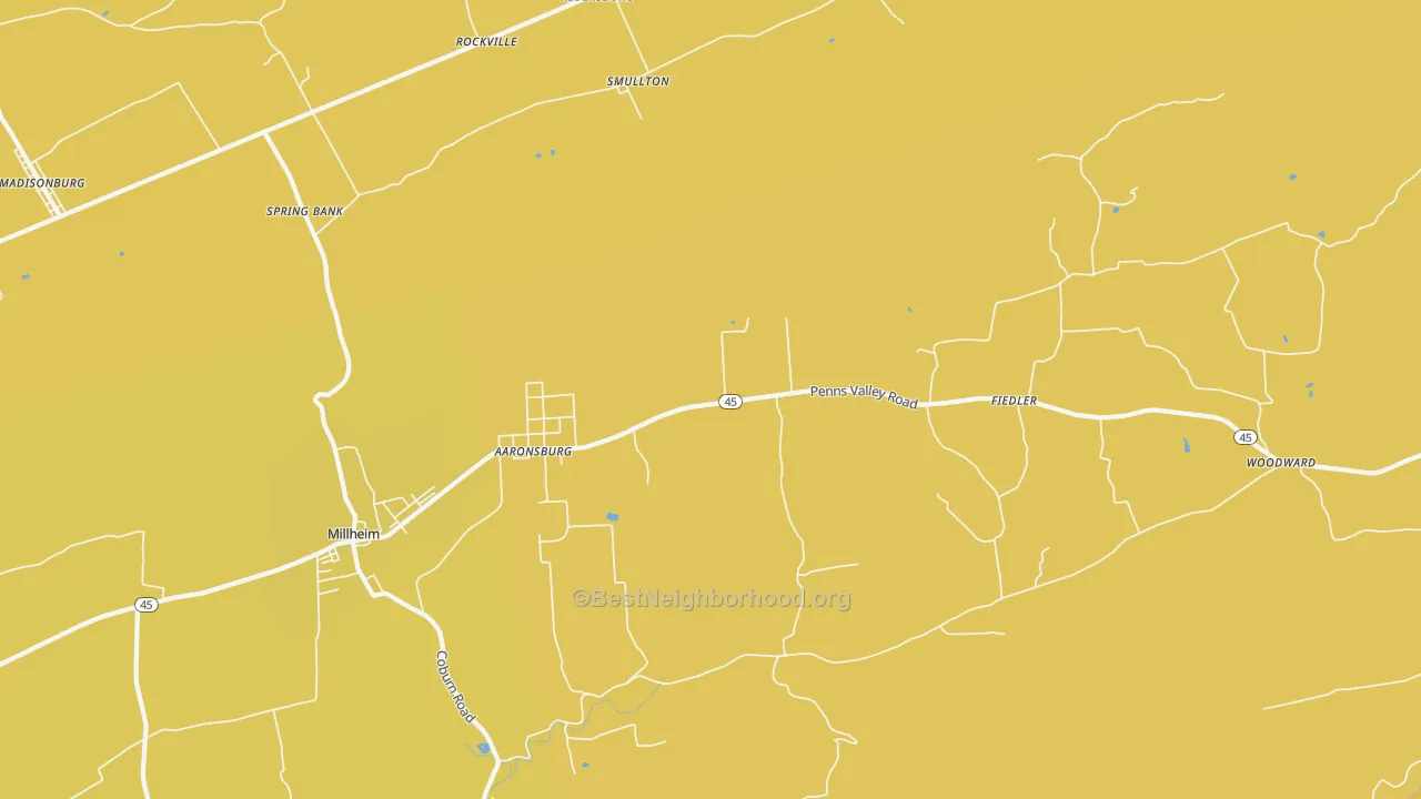 Map of the best neighborhoods in the Aaronsburg area, with better matches in green and worse matches in red