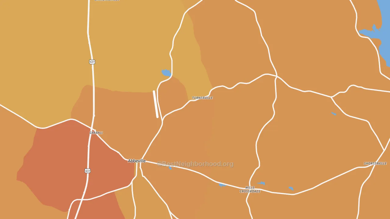 Map of the best neighborhoods in the Abbeville area, with better matches in green and worse matches in red