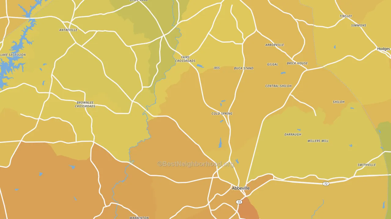 Map of the best neighborhoods in the Abbeville County area, with better matches in green and worse matches in red