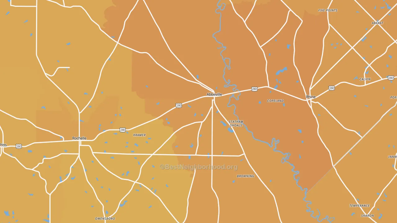 Map of the best neighborhoods in the Abbeville area, with better matches in green and worse matches in red