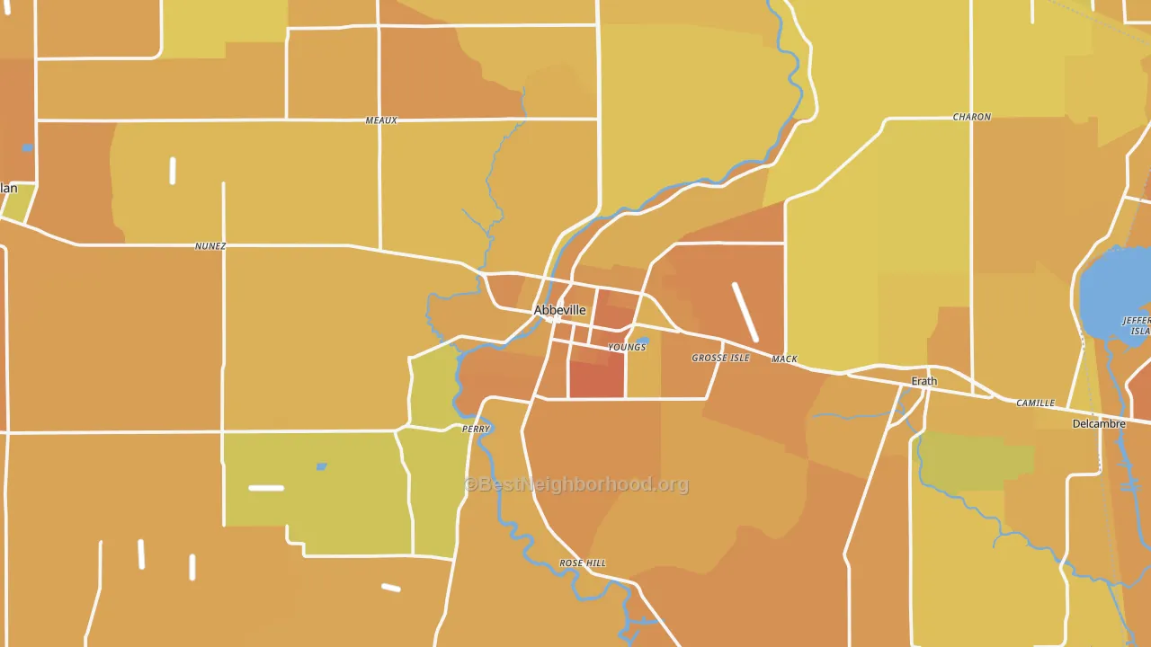Map of the best neighborhoods in the Abbeville area, with better matches in green and worse matches in red