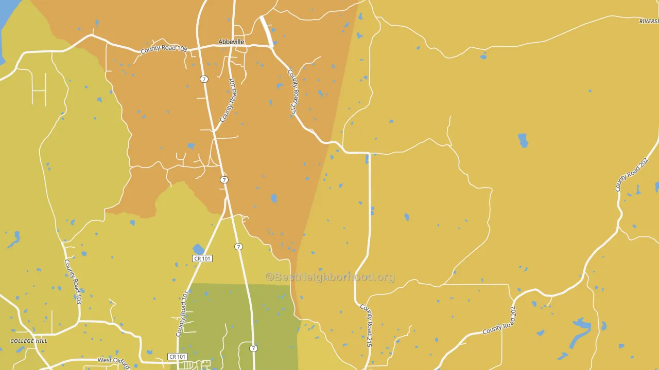 Map of the best neighborhoods in the Abbeville area, with better matches in green and worse matches in red
