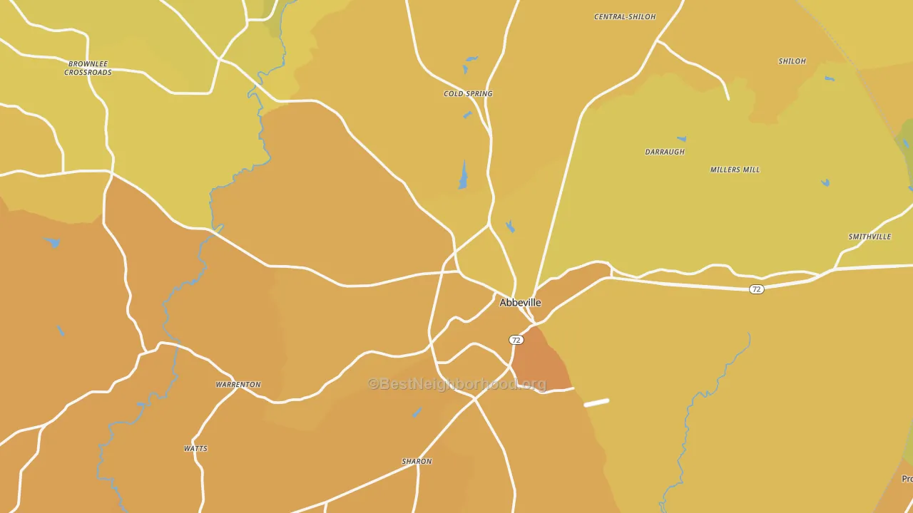 Map of the best neighborhoods in the Abbeville area, with better matches in green and worse matches in red