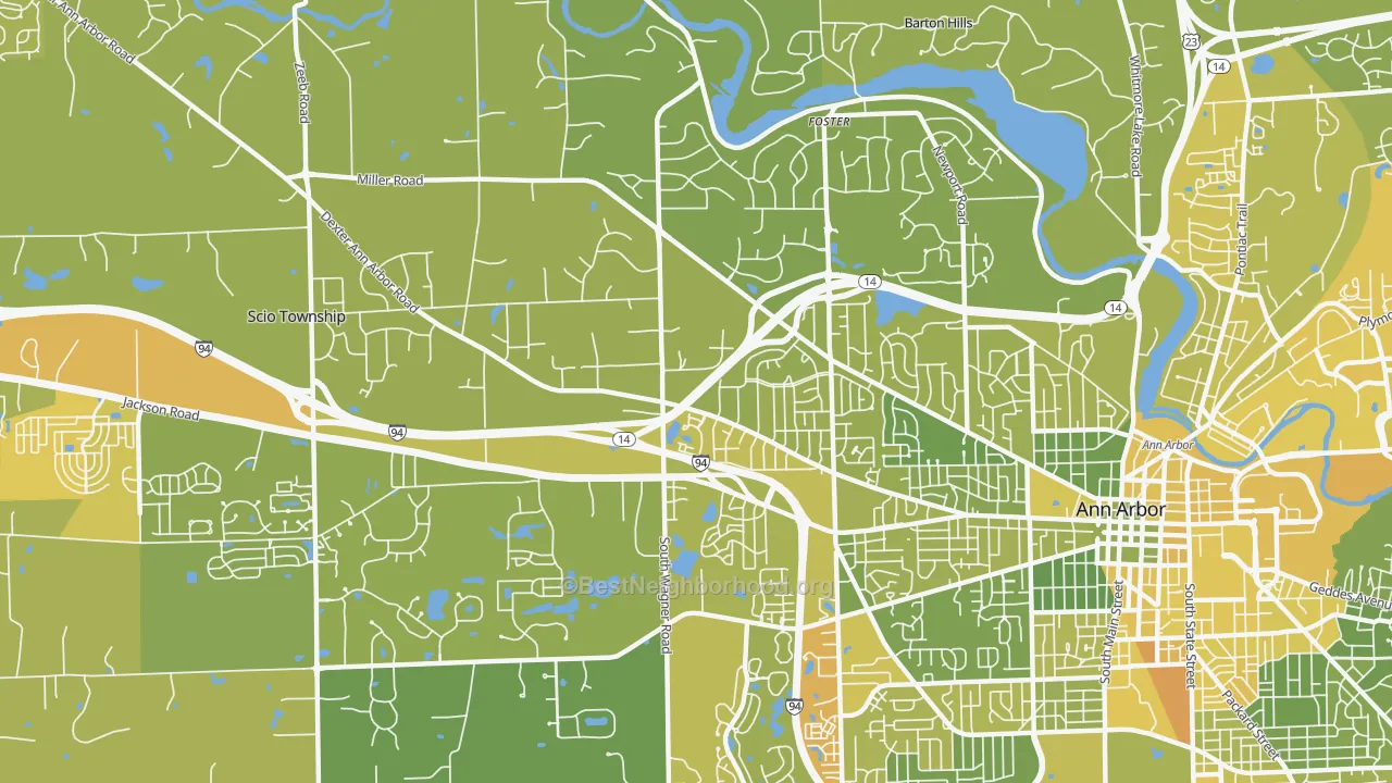 Map of the best neighborhoods in the Abbot, Ann Arbor area, with better matches in green and worse matches in red